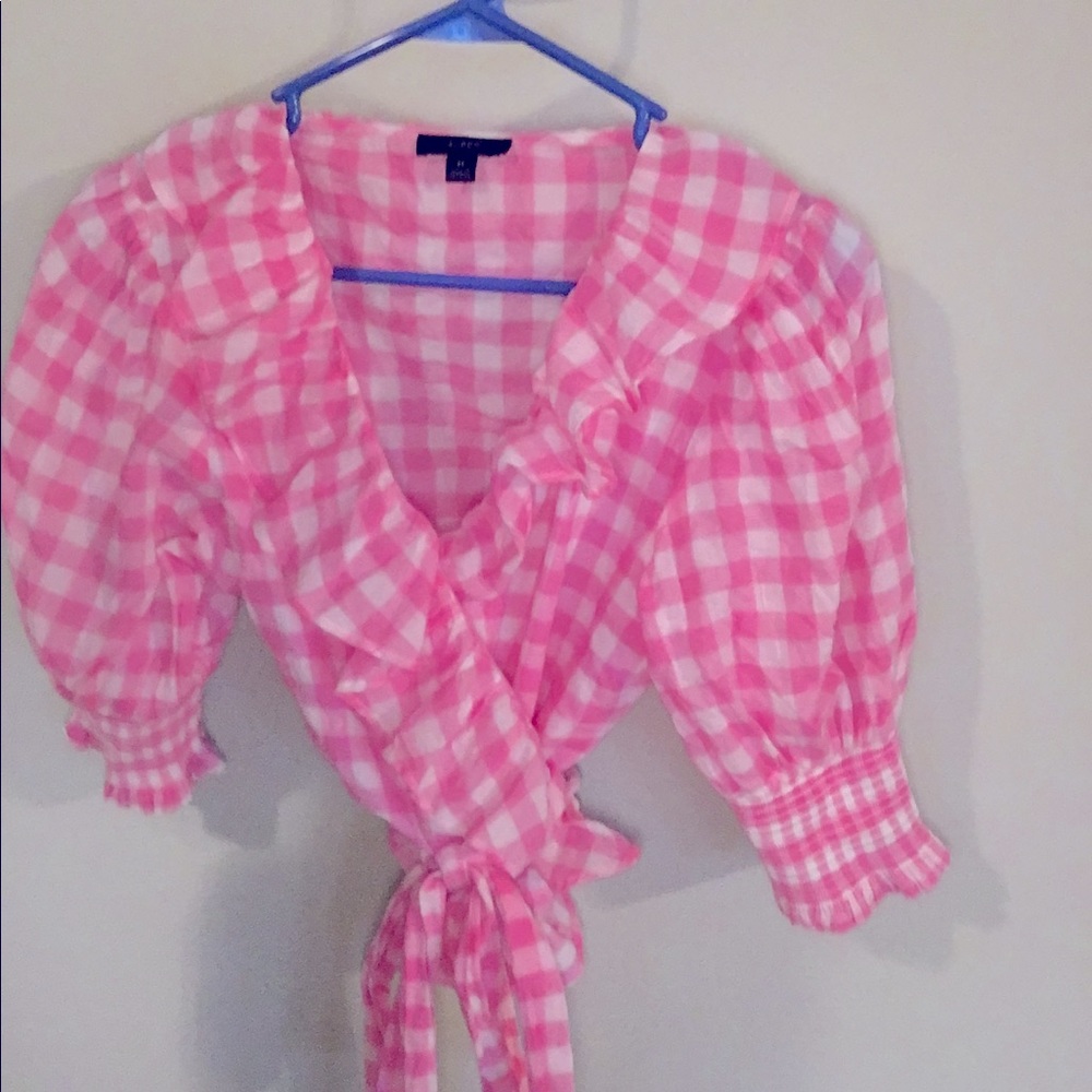 Pink and white gingham wrap top